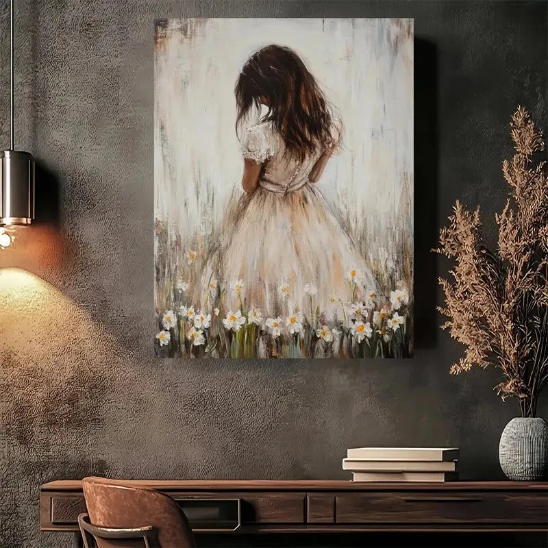 Beautiful Girl In Flowers Painting 40x60cm Metal Print Ready to Hang - Bella Home Decor
