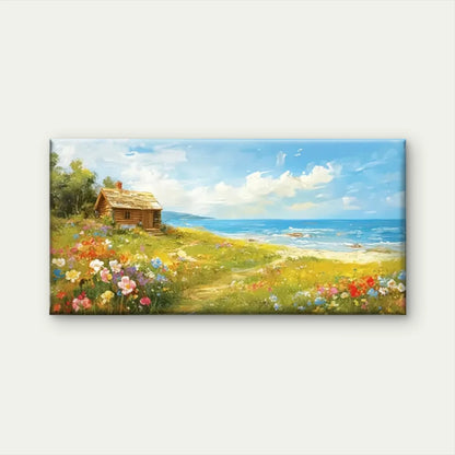 Beach House Flowers Field Wall Art Canvas Office Home Room Framed 120x60cm