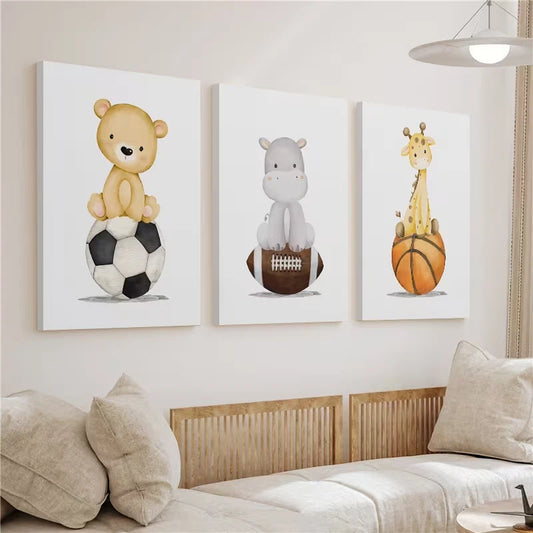 3pcs Sports Safari Animal Watercolor Wall Art Set Canvas Framed 60x90cm - High Quality Print 100% Australian Made Wall Canvas Ready to Hang