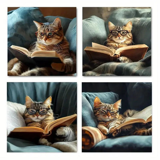 4pcs Adorable Ginger Cat Reading Wall Art Canvas Framed