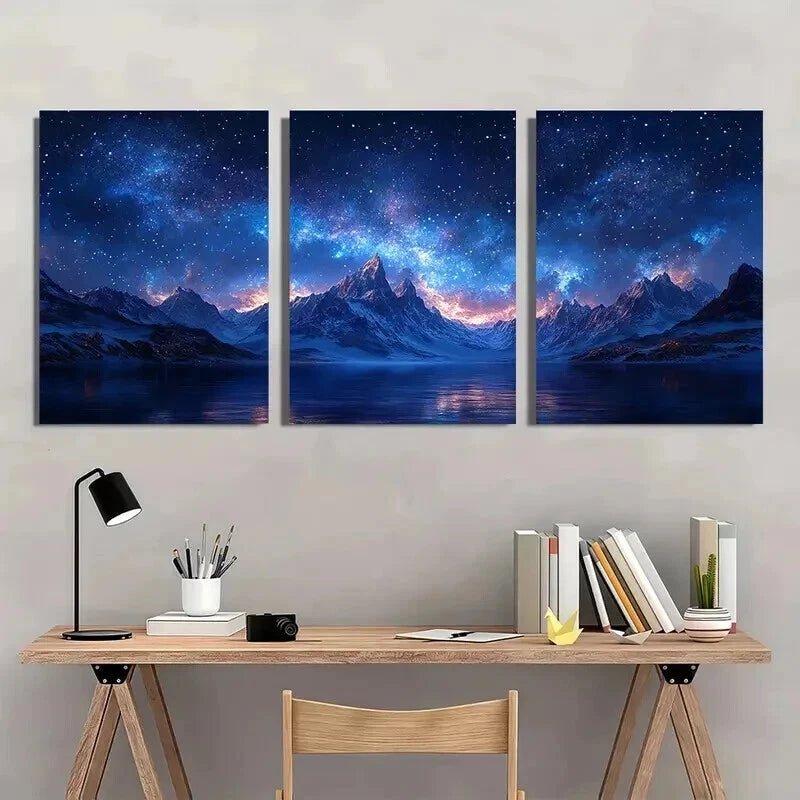 3pcs Snow Mountain Starry Sky Decor Wall Art Set Canvas Framed 60x90cm - High Quality Print 100% Australian Made Wall Canvas Ready to Hang - Bella Home Decor
