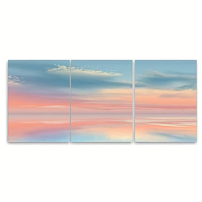 3pcs Soft Mint & Peach Horizon Coastal Sunrise Metal Print Ready to Hang Art