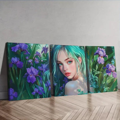 3pcs Purple Flowers Lady with Green Eyes Wall Art Set Canvas Unframed - High Quality Print 100% Australian Made Wall Canvas