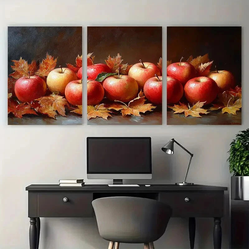 3pcs Still Life with Apples and Autumn Leaves Metal Print Ready to Hang Art - Bella Home Decor