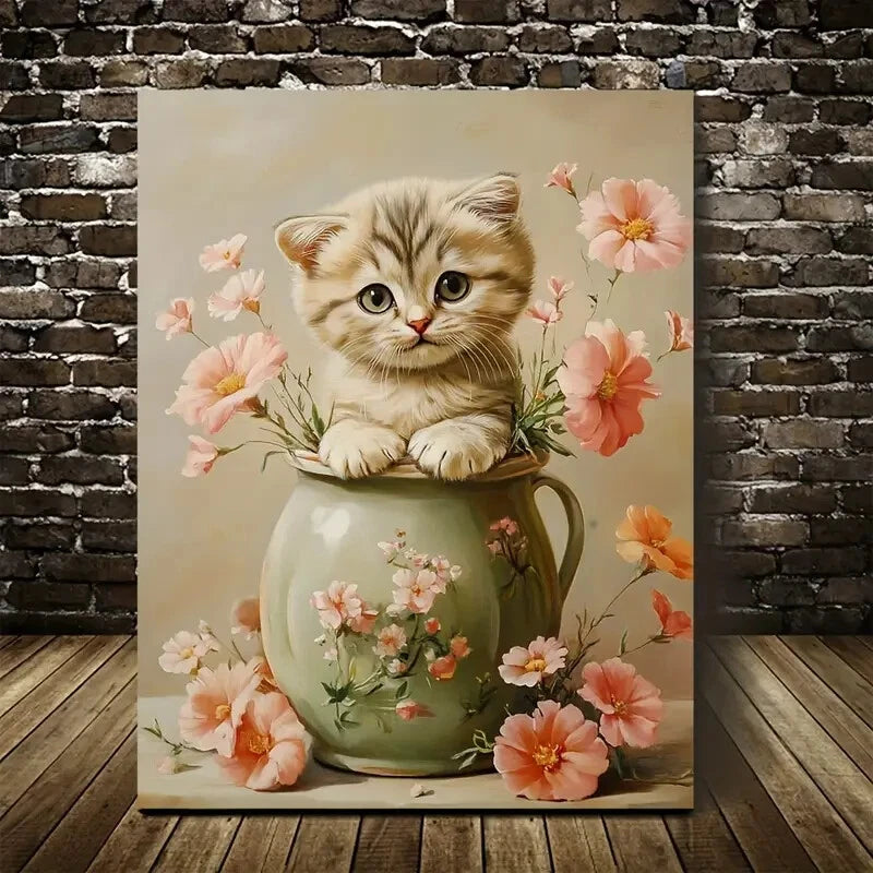 Cute Scottish Fold Kitten Among Flowers Painting 40x60cm Metal Print Ready to Hang