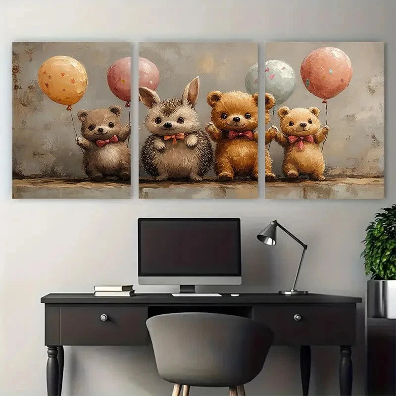 3pcs Bunny Hedgehog Teddy Bear Party Balloons Metal Print Ready to Hang Art - Bella Home Decor