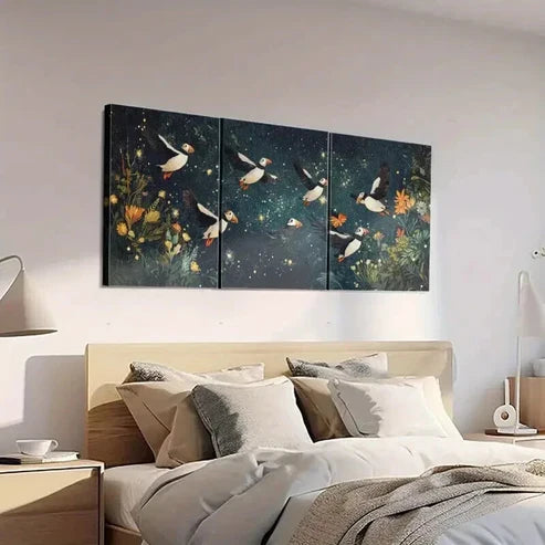 3pcs Puffins Soaring Through Night Sky Art Set Canvas Unframed - High Quality Print 100% Australian Made Wall Canvas