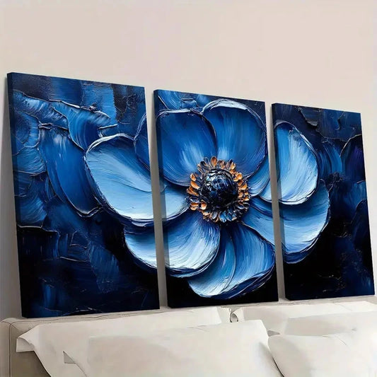 3pcs Heavy Textured Mini Blue Flower BF Wall Art Set Canvas Framed 50x70cm - High Quality Print 100% Australian Made Wall Canvas Ready to Hang