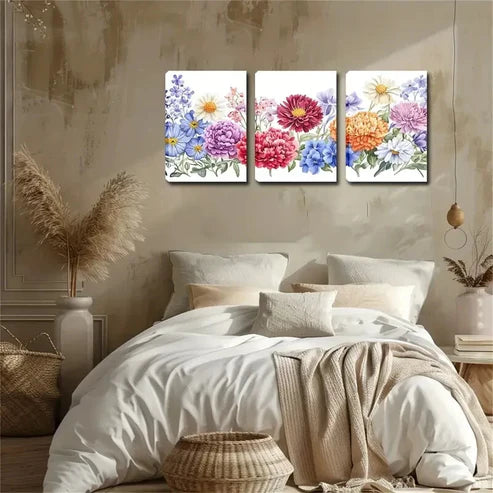 3pcs Colored Chrysanthemums White Perfect Wall Art Canvas Unframed - High Quality Print 100% Australian Made Wall Canvas - Bella Home Decor