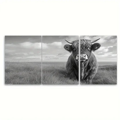 3pcs Black & White Rustic Scottish Highland Bull Wall Art Canvas Unframed - High Quality Print 100% Australian Made Wall Canvas - Bella Home Decor
