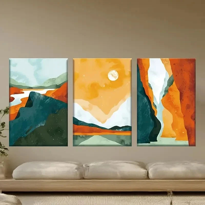 3pcs Abstract Mountain Sunset Paintings Metal Print Ready to Hang Art - Bella Home Decor