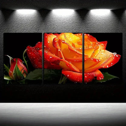 3pcs Vibrant Orange Rose with Water Droplets Metal Print Ready to Hang Art