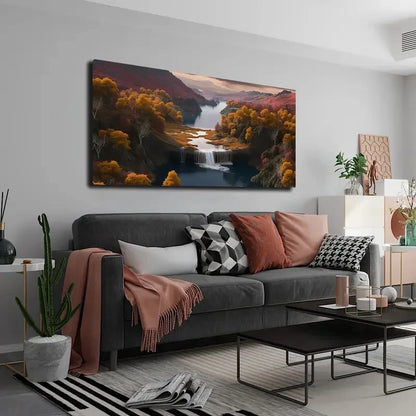 Living room with a gray sofa, decorative pillows, and a large wall art of a landscape.