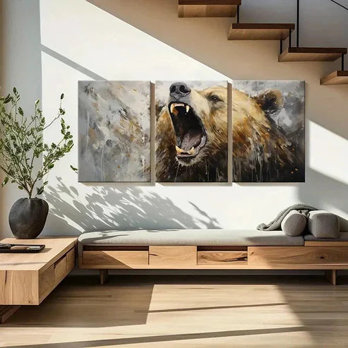 3pcs Artistic Bear Roar Canvas Wall Art Canvas Unframed - High Quality Print 100% Australian Made Wall Canvas - Bella Home Decor