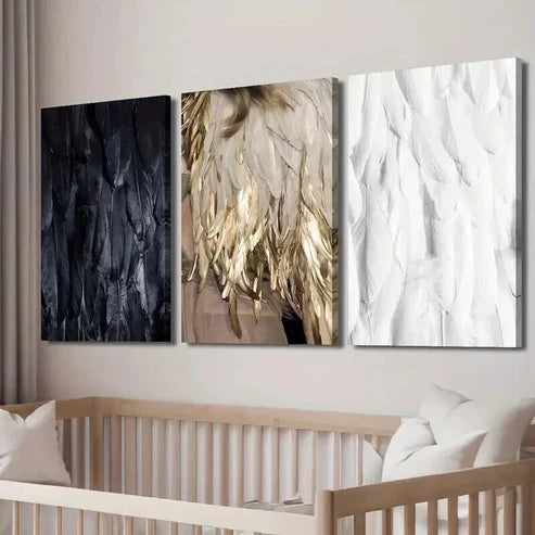 3pcs Black White and Golden Feathers Decor Wall Art Set Canvas Unframed - High Quality Print 100% Australian Made Wall Canvas - Bella Home Decor