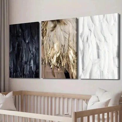 3pcs Black White and Golden Feathers Decor Wall Art Set Canvas Unframed - High Quality Print 100% Australian Made Wall Canvas - Bella Home Decor