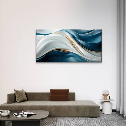 Blue White Abstract Golden Wall Art Canvas Office Home Room Framed 120x60cm