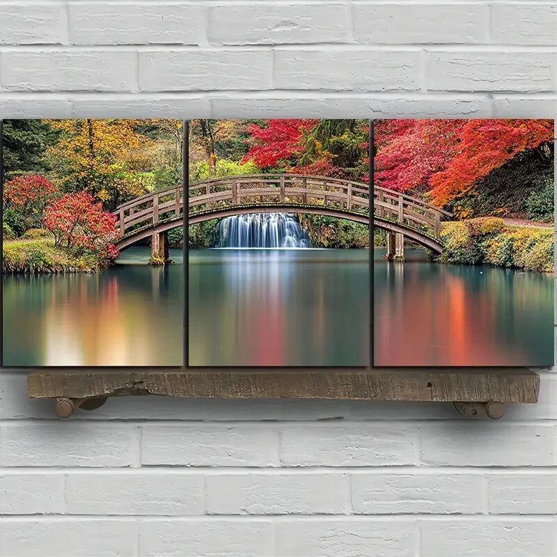 3pcs Waterfalls and Wooden Bridges Red Trees Metal Print Ready to Hang Art - Bella Home Decor