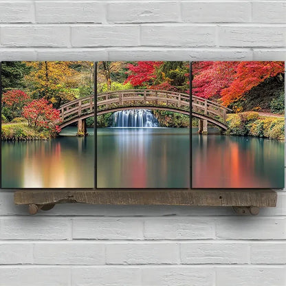3pcs Waterfalls and Wooden Bridges Red Trees Metal Print Ready to Hang Art - Bella Home Decor