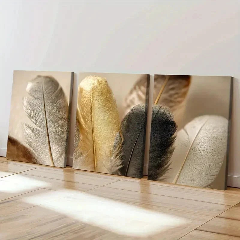 3pcs Feathers Golden Silvery Black White Decor  Wall Art Set Canvas Framed 40x60cm - High Quality Print 100% Australian Made Wall Canvas Ready to Hang