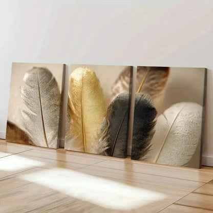 3pcs Feathers Golden Silvery Black White Decor  Wall Art Set Canvas Framed 40x60cm - High Quality Print 100% Australian Made Wall Canvas Ready to Hang