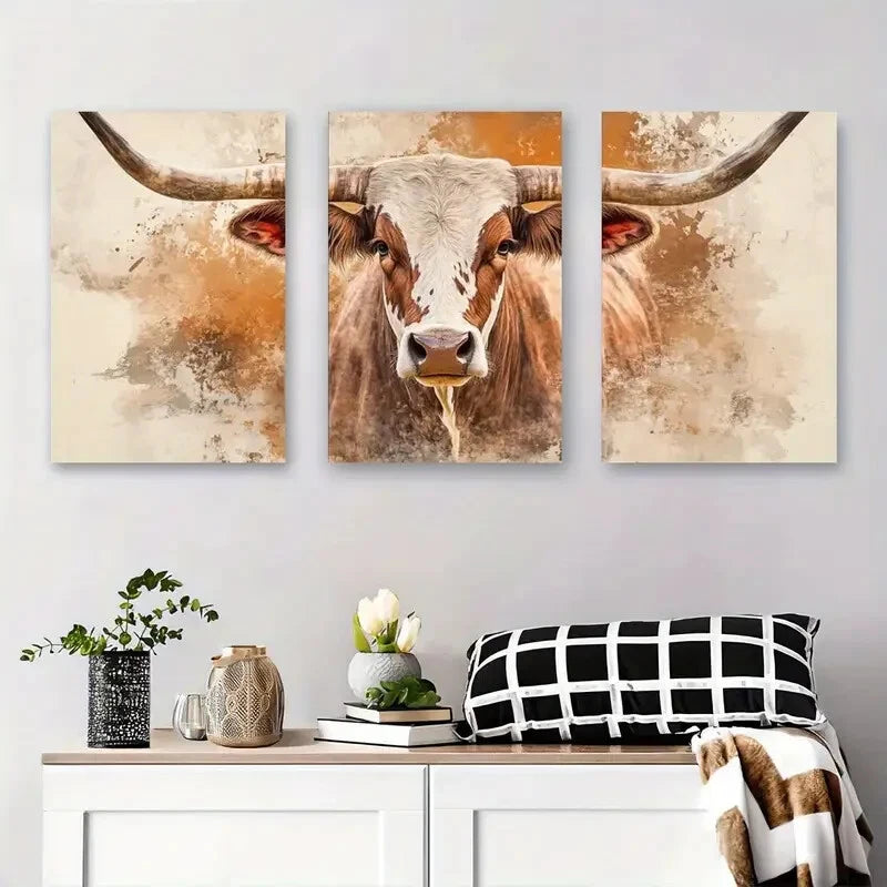 3pcs Rustic Longhorn Cow Décor Modern Perfect Wall Art Set Canvas Framed 40x60cm - High Quality Print 100% Australian Made Wall Canvas Ready to Hang - Bella Home Decor