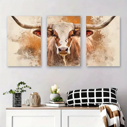 3pcs Rustic Longhorn Cow Décor Modern Perfect Wall Art Set Canvas Framed 40x60cm - High Quality Print 100% Australian Made Wall Canvas Ready to Hang - Bella Home Decor