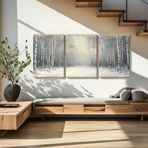3pcs Misty Birch Trees with Snowy Path Wall Art Set Canvas Unframed - High Quality Print 100% Australian Made Wall Canvas