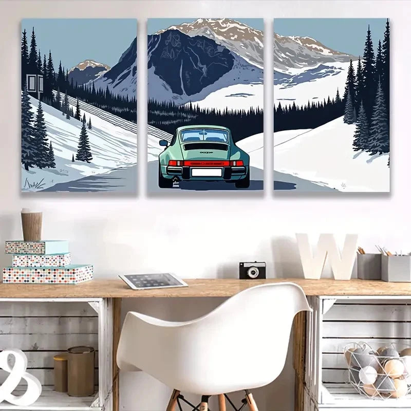 3pcs Car on Snowy Mountain Road  Wall Art Set Canvas Framed 50x70cm - High Quality Print 100% Australian Made Wall Canvas Ready to Hang - Bella Home Decor