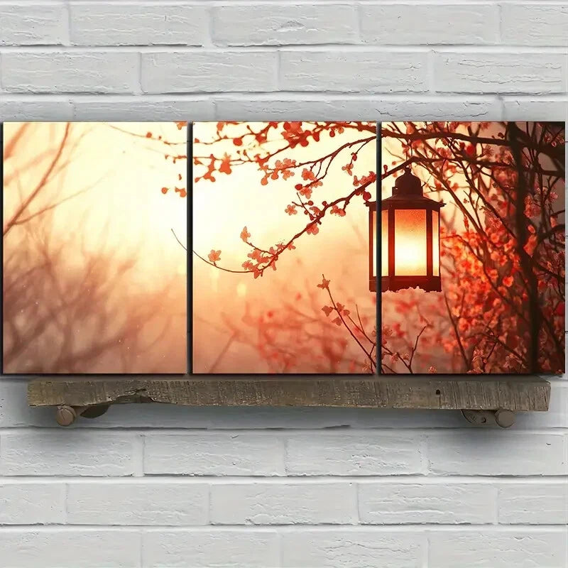 3pcs Plum Blossoms and Lanterns Scenery Metal Print Ready to Hang Art - Bella Home Decor