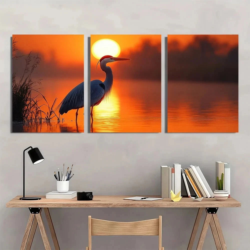 3pcs Bird on Reed Golden Sunset Metal Print Ready to Hang Art - Bella Home Decor