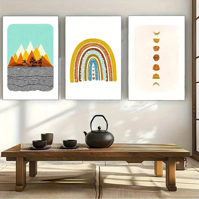 3pcs Landscape Art Sun Moon Rainbow And Land Metal Print Ready to Hang Art