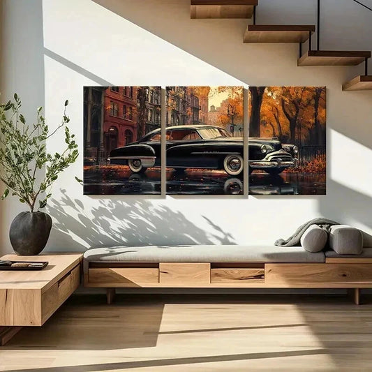 3pcs Vintage Car Autumn Leaves Decor Wall Art Set Canvas Framed 60x90cm - High Quality Print 100% Australian Made Wall Canvas Ready to Hang