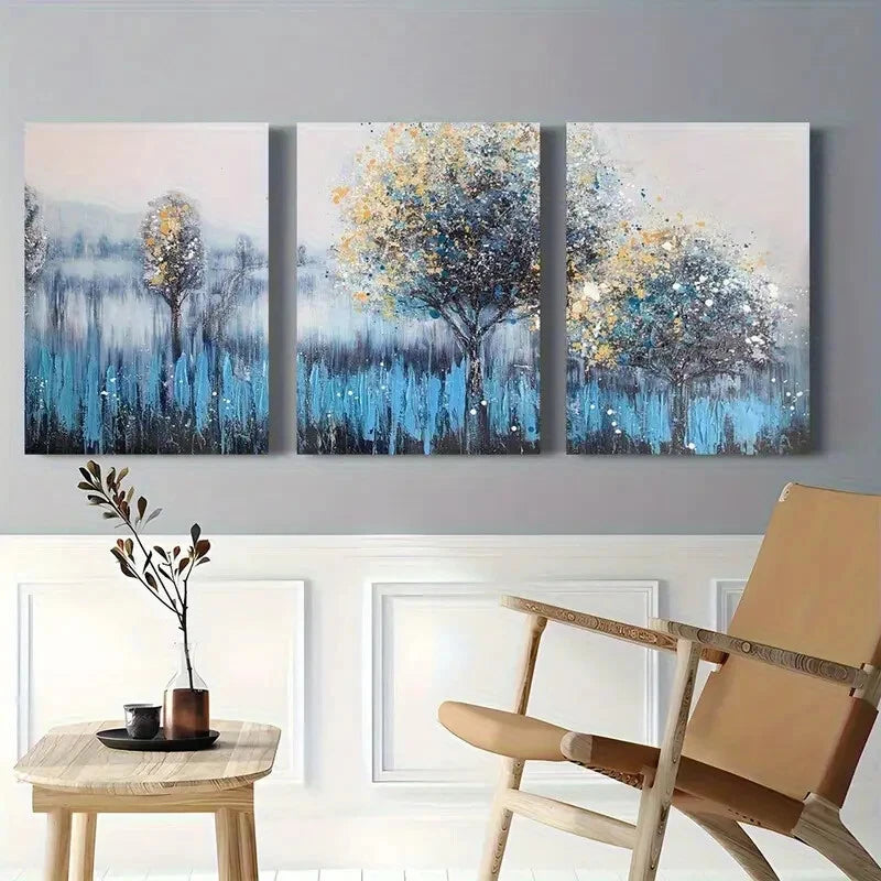 3pcs Abstract Blue and Yellow Tree Metal Print Ready to Hang Art - Bella Home Decor