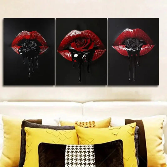 3pcs Red Lips & Rose Design Prints Metal Print Ready to Hang Art