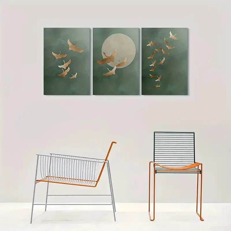 3pcs Golden Birds Moonlit Night Sky with Green Metal Print Ready to Hang Art - Bella Home Decor