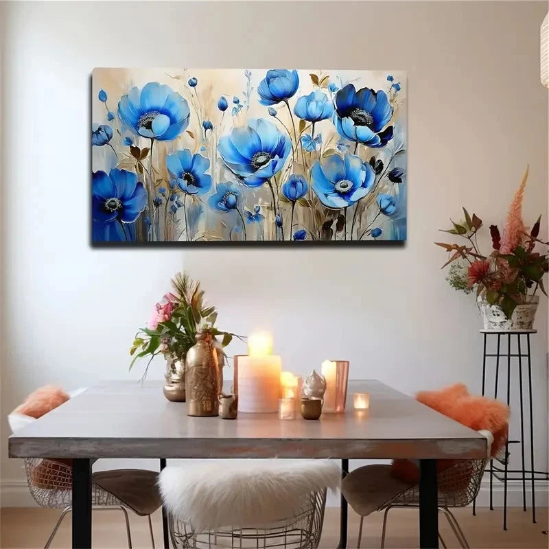 Blue Petals Yellow Leaves Wall Art Canvas Office Home Room Framed 120x60cm