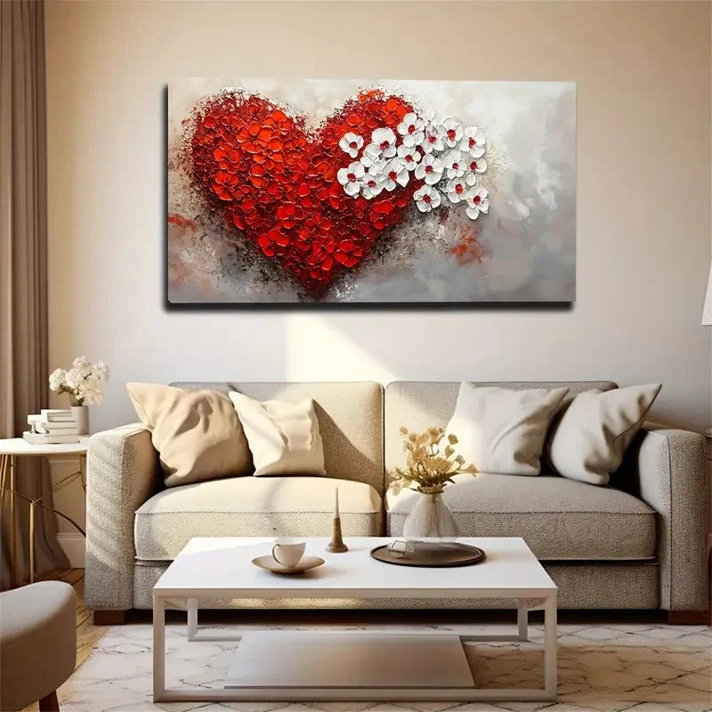 Red & White Floral Heart Wall Art Canvas Office Home Room Framed 120x60cm