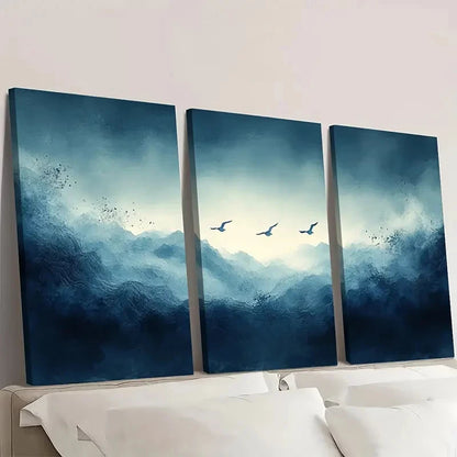 3pcs  Blue Smoke Wave & Birds Abstract FG    Wall Art Set Canvas Framed 50x70cm - High Quality Print 100% Australian Made Wall Canvas Ready to Hang - Bella Home Decor
