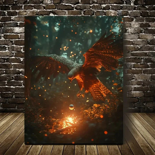 Cyberpunk Hawk & Magical Forest Glowing Painting 40x60cm Metal Print Ready to Hang - Bella Home Decor