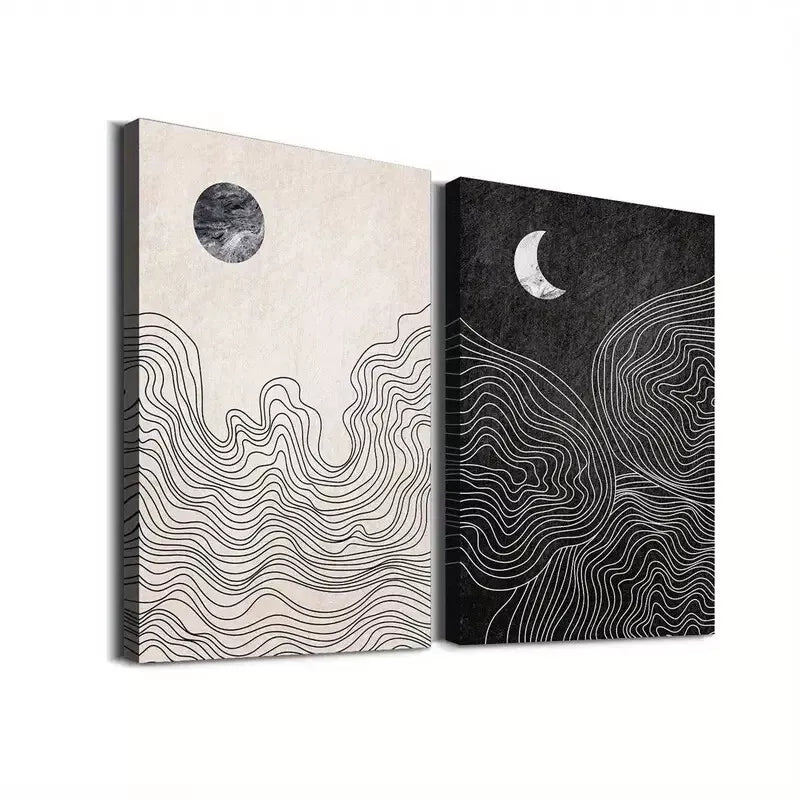 2-Piece Abstract Sun and Moon Geometric Framed 50x75cm - High Quality Print 100% Australian Made Wall Canvas Ready to Hang