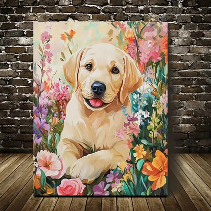 Flowers and Plants Cute Labrador Retriever Painting 40x60cm Metal Print Ready to Hang