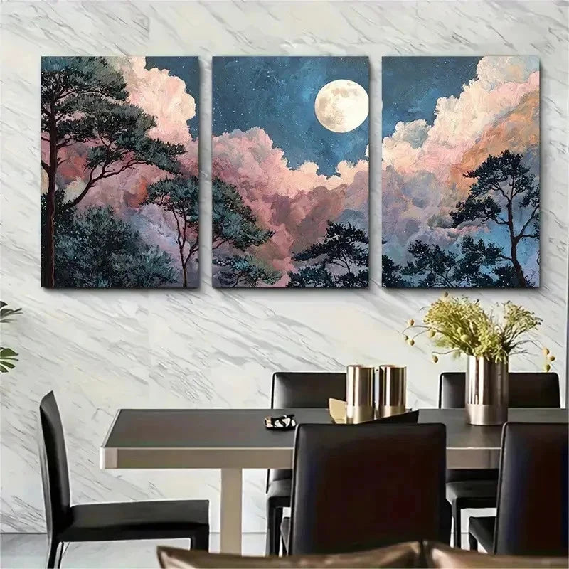 3pcs Serene Forest & Moonlit Night Scene Perfect Wall Art Set Canvas Framed 50x70cm - High Quality Print 100% Australian Made Wall Canvas Ready to Hang