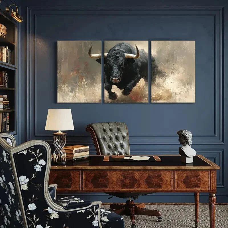 3pcs Artistic Bull Painting Abstract Expressionism Metal Print Ready to Hang Art - Bella Home Decor