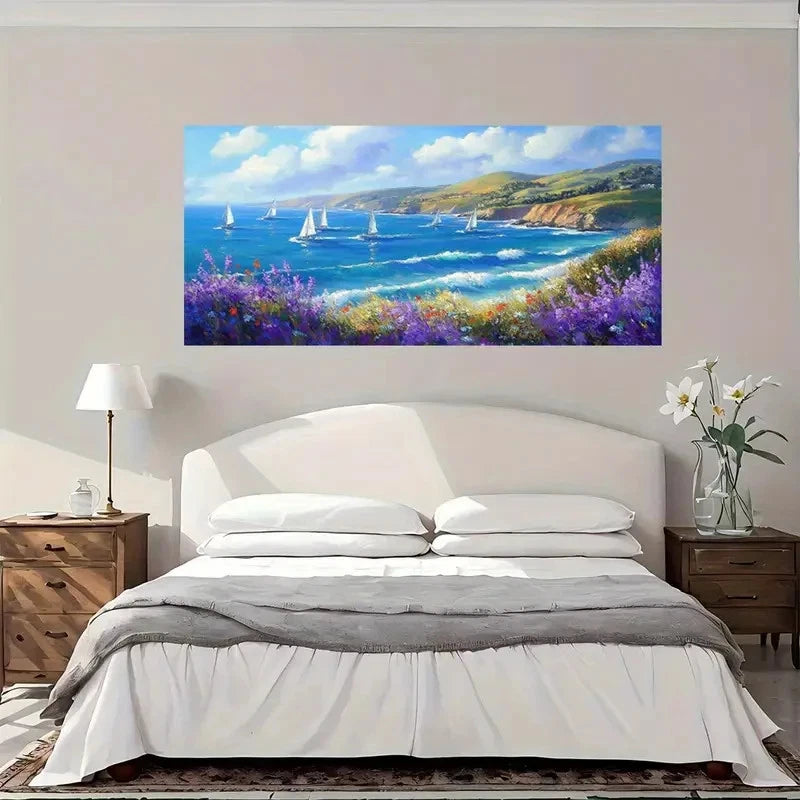 Vibrant Sailboats & Wildflowers Wall Art Canvas Office Home Room Framed 120x60cm