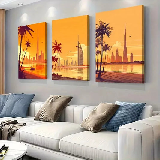 3pcs Dubai Rusty Skyline Painting Art Set Canvas Framed 50x70cm - High Quality Print 100% Australian Made Wall Canvas Ready to Hang