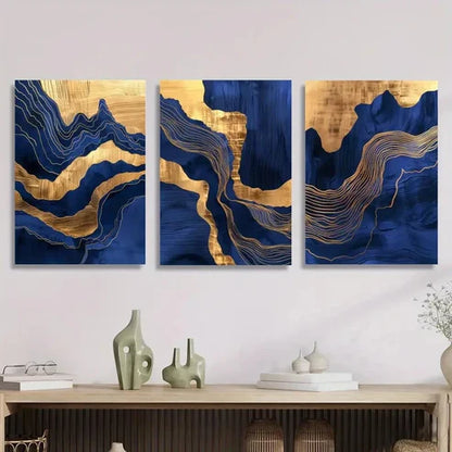 3pcs Abstract Wavy Blue Marble and Golden Gilt Wall Art Set Canvas Unframed - High Quality Print 100% Australian Made Wall Canvas - Bella Home Decor