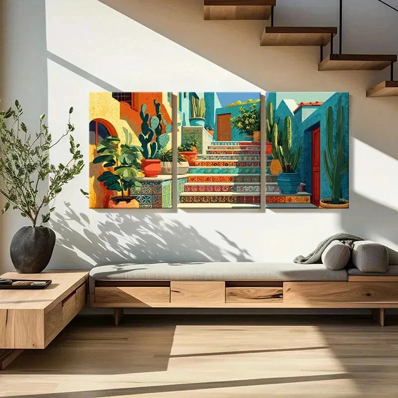 3pcs Vibrant Mediterranean Staircase Art Metal Print Ready to Hang Art - Bella Home Decor