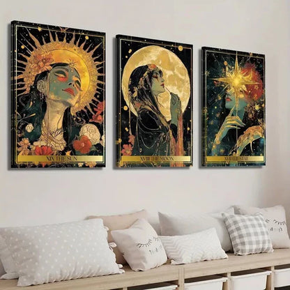 3pcs Magic Cards Sun Stars And Moon Cards Wall Art Set Canvas Unframed - High Quality Print 100% Australian Made Wall Canvas