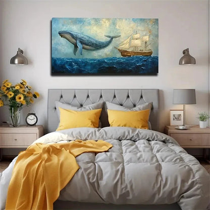 Whale And Sailing Ship Deco Wall Art Canvas Office Home Room Framed 120x60cm